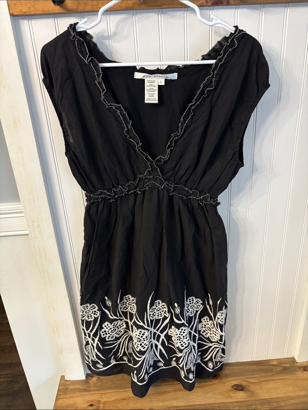 Max Studio Black Mini Dress with White Floral Embroidery
